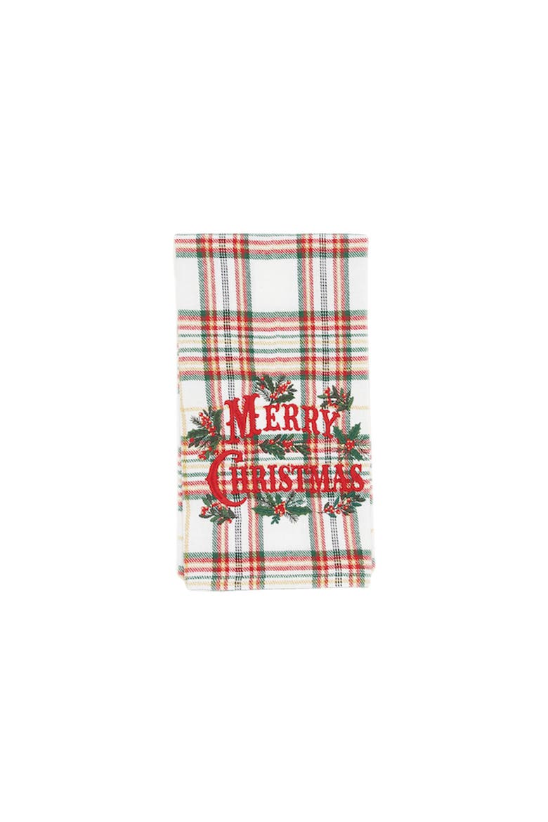 Merry Christmas Holiday Phrases Embroidered Plaid Towel, Alternate, color, Green