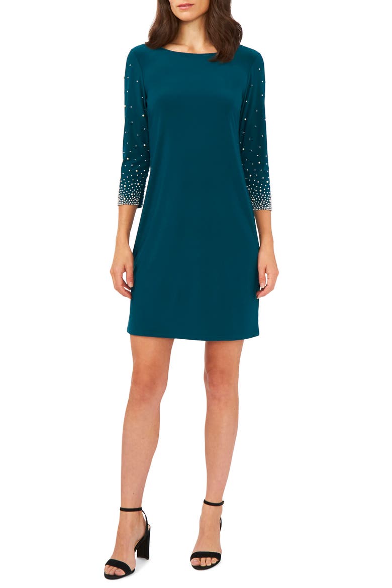 Beaded Sleeve Sheath Dress, Main, color, NEO EMERALD 306