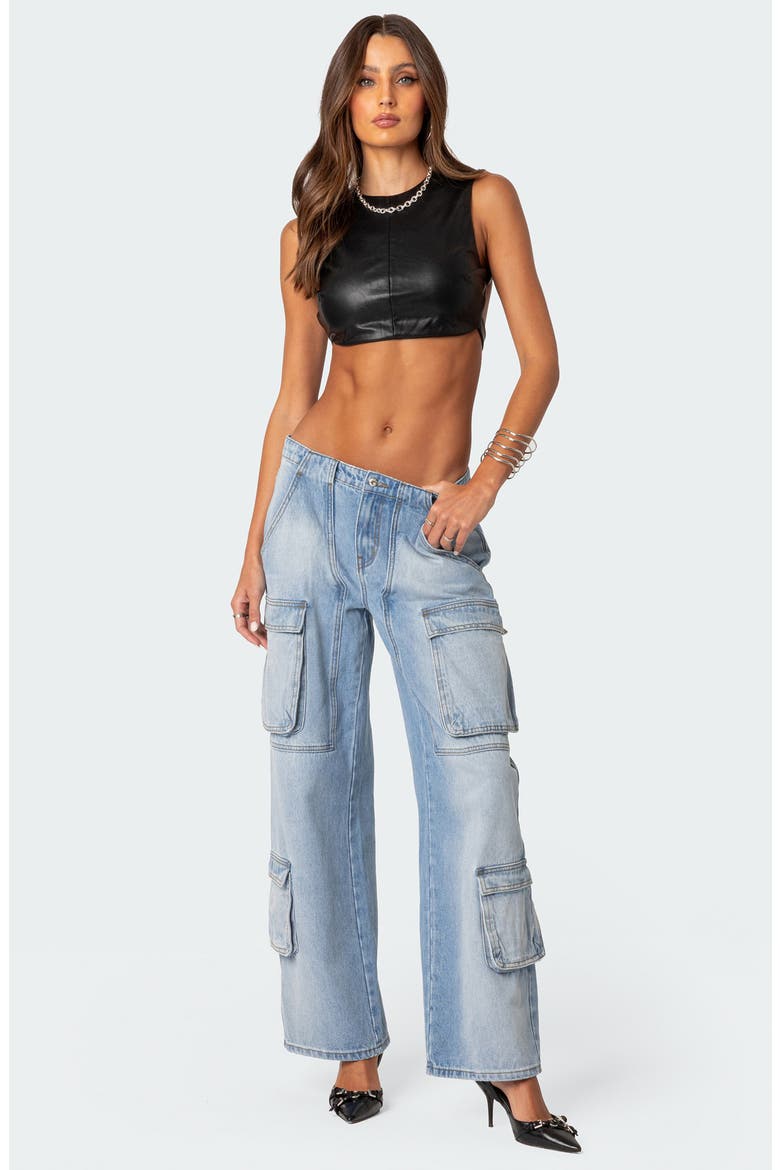 Porsha Open Back Faux Leather Crop Top, Alternate, color, BLACK