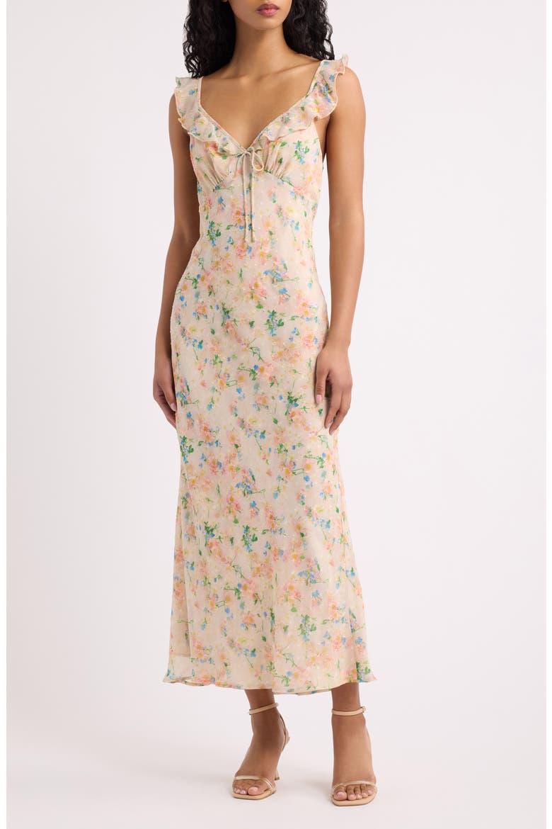 Mimi Floral Ruffle Strap Midi Dress, Main, color, BEIGE FLORAL
