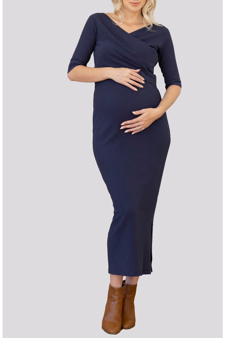 Two-Piece Maternity/Nursing Crop Top & Midi Skirt Set, Main, color, NAVY