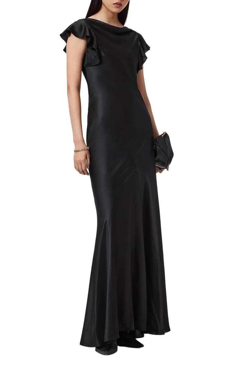 AllSaints Floral Ruffle Maxi Dress, Alternate, color, Black