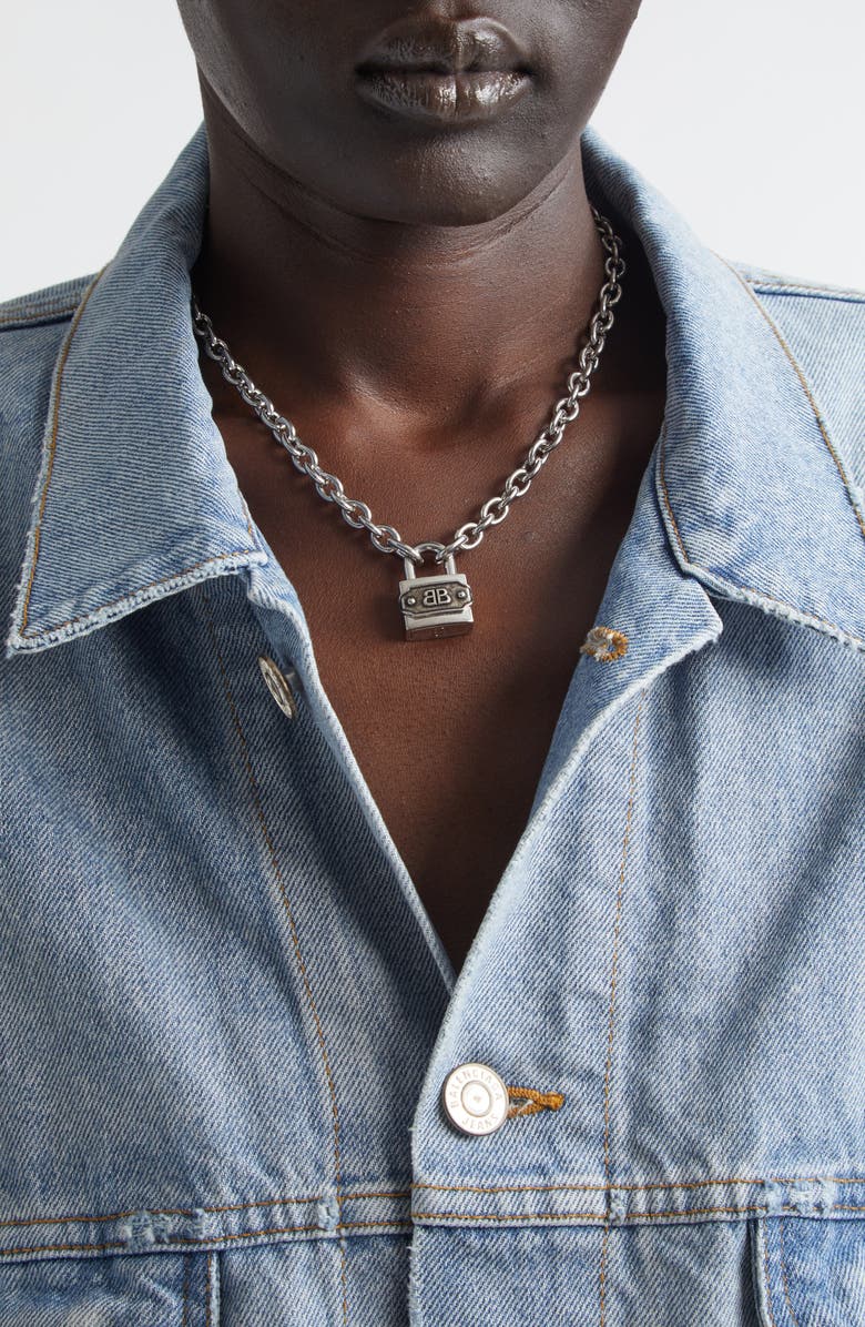 Balenciaga BB Padlock Necklace, Alternate, color, Silver/ Antique Silver