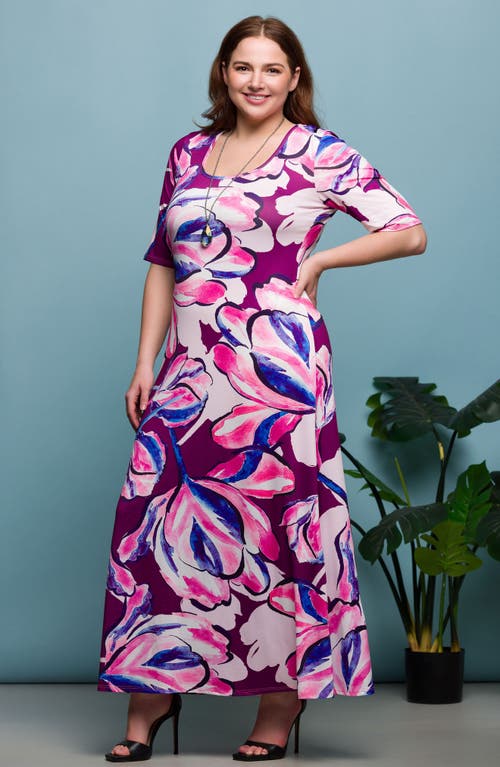 24seven Comfort Apparel Plus Size Print Elbow Sleeve Casual A-line Maxi Dress In Multi