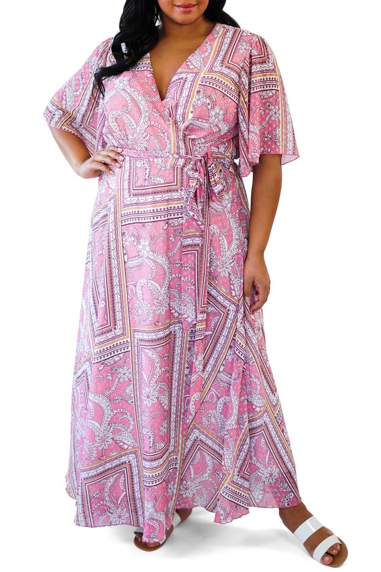 Print Wrap Maxi Dress, Main, color, PINK