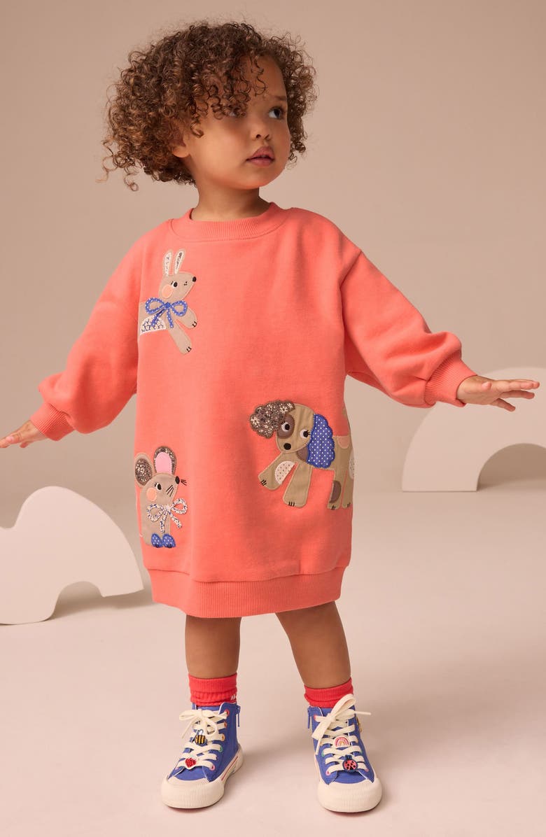 NEXT Kids' Character Appliqué Long Sleeve Cotton Blend Sweatshirt Dress, Alternate, color, Multi