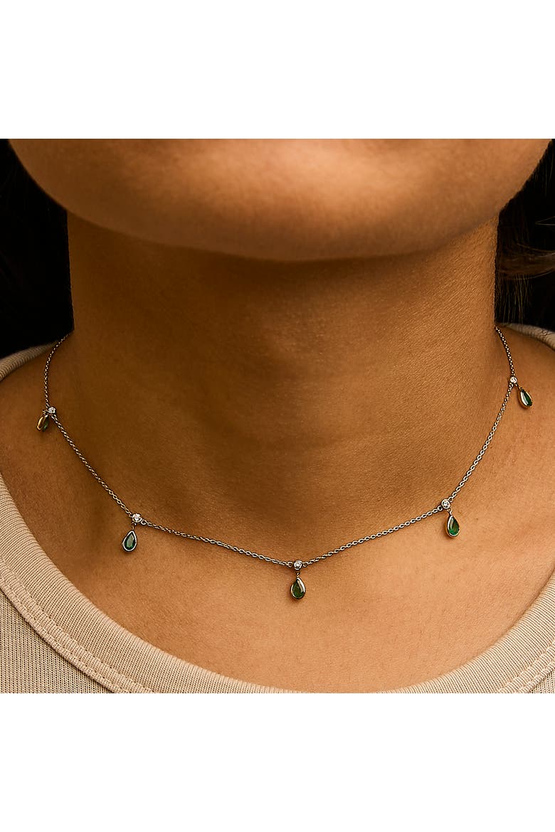 10K Yellow Gold Dangling Green Emerald and Diamond Station Necklace, Alternate, color, Yellow