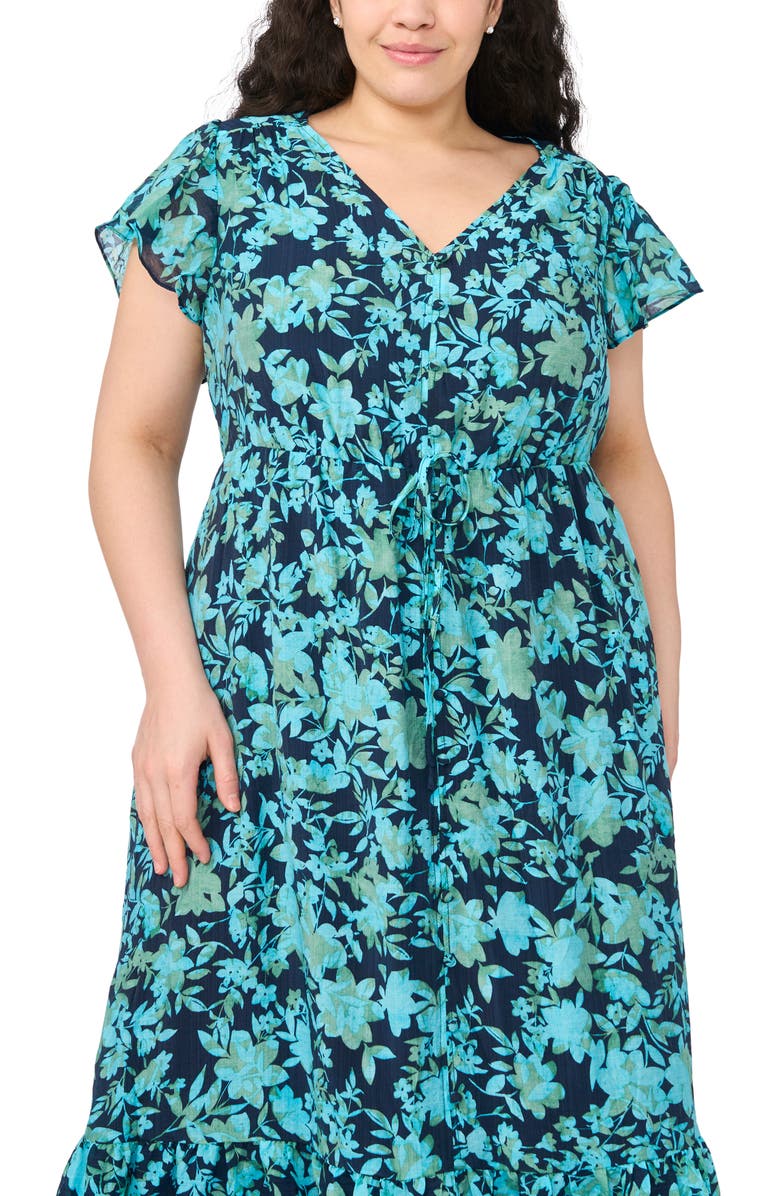 CeCe Floral Flutter Sleeve Dress, Alternate, color, Classic Navy