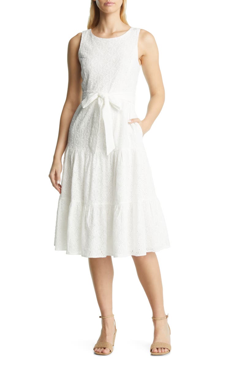 Tahari ASL Sleeveless Eyelet Tiered Dress, Main, color, 