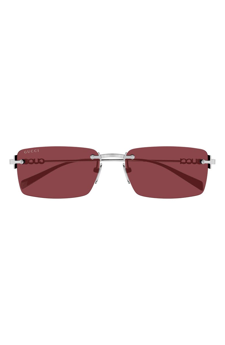 Gucci 56mm Rectangular Sunglasses, Main, color, Silver/ Red Lens