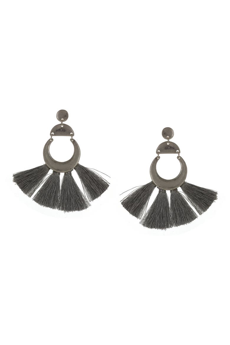 Alanna Geometric Fringe Fan Drop Earrings, Main, color, WORN SILVER/ GREY