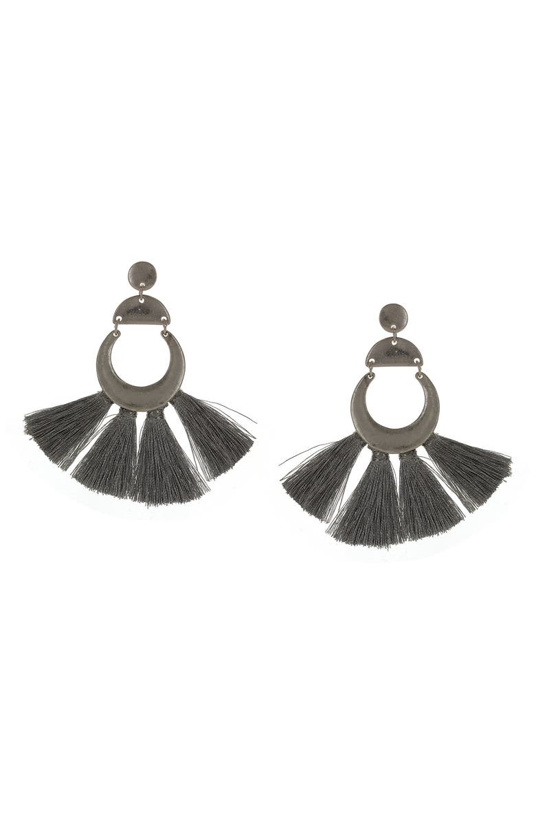 OLIVIA WELLES Alanna Geometric Fringe Fan Drop Earrings, Main, color, Worn Silver/ Grey