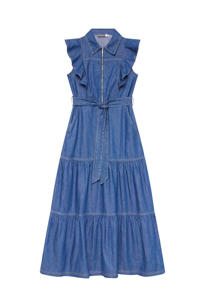 Denim Ruffle Maxi Shirt Dress, Alternate, color, Blue