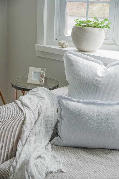 Anaya Fringe Soft Linen Pillow With Down Alternative Insert In Light Grey