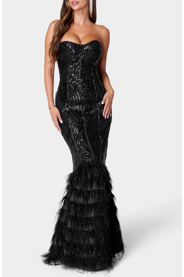 Sequin Feather Trim Strapless Gown, Main, color, BLACK