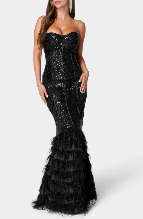 Sequin Feather Trim Strapless Gown