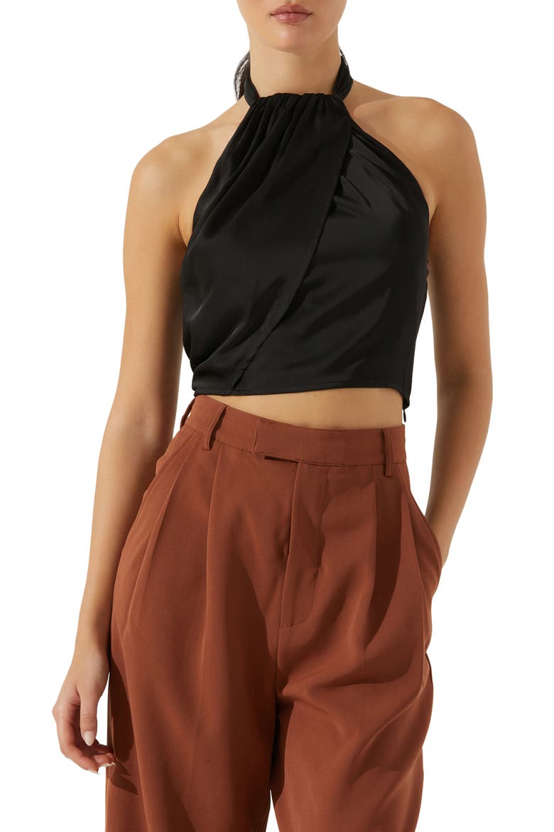 Draped Ruched Satin Top, Main, color, BLACK