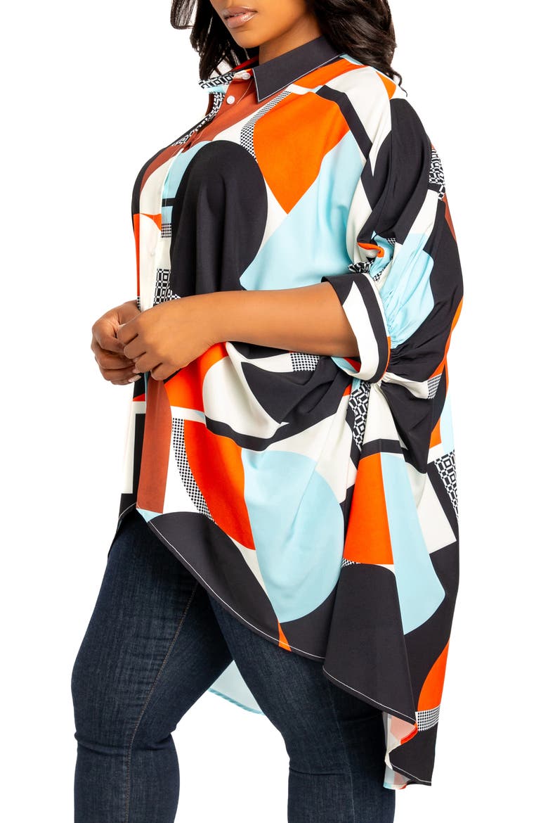 Mixed Geo Print High-Low Button-Up Shirt, Alternate, color, ORANGE MULTI