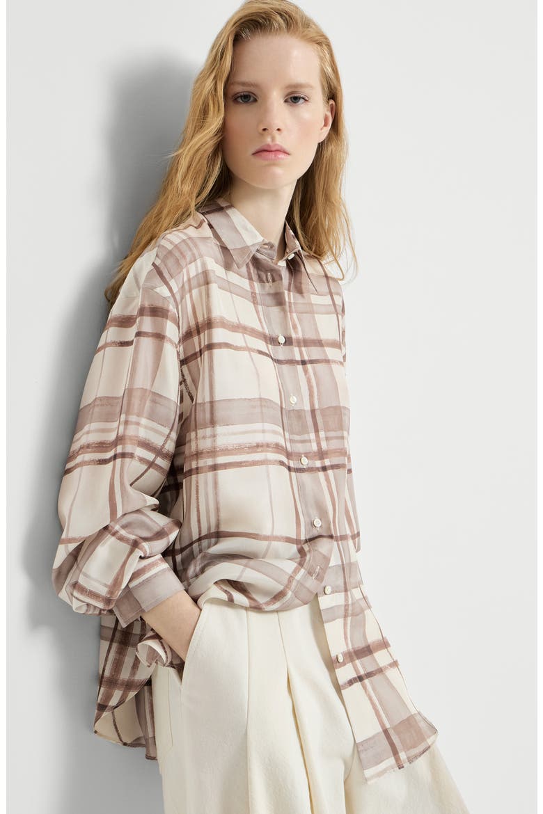 Silk pongée shirt in macrocheck print, Alternate, color, Panama