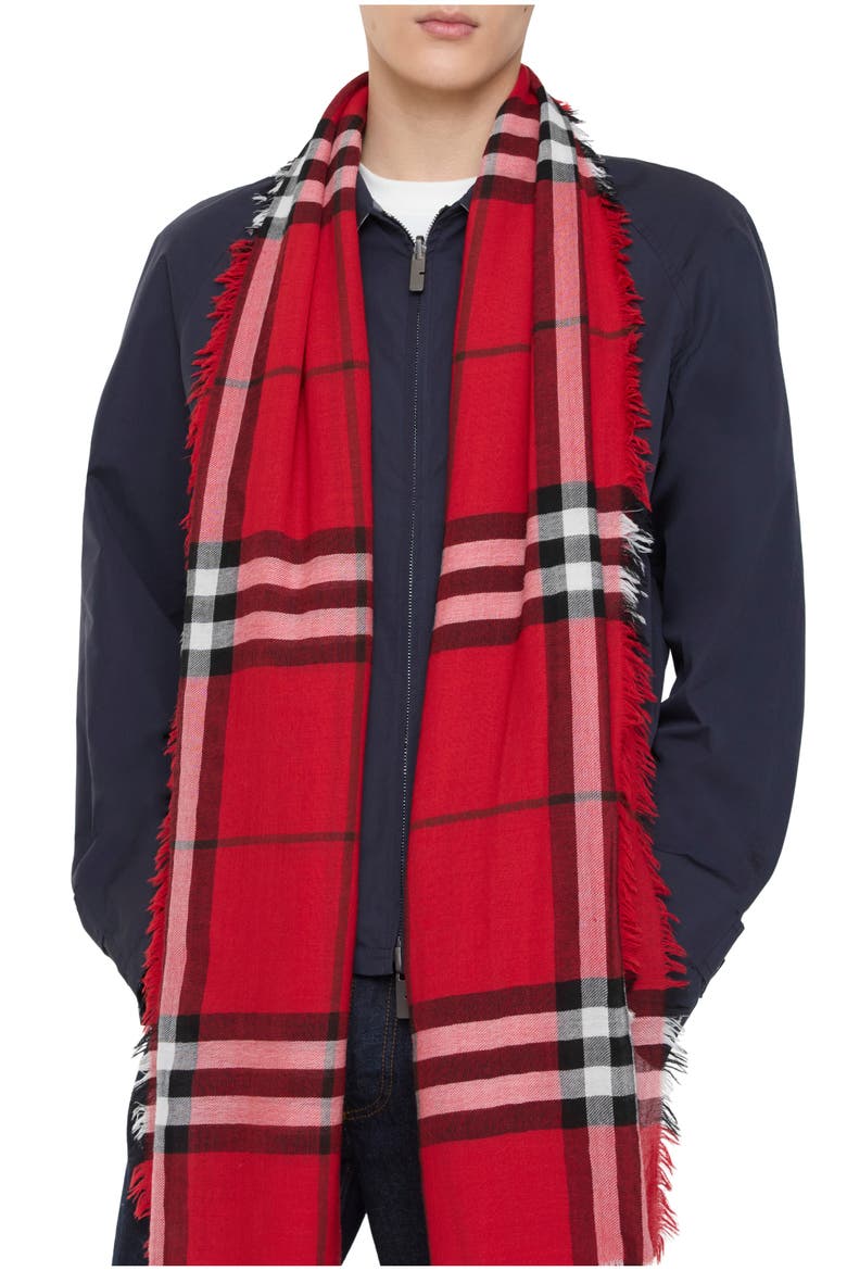 Wide Check Wool Scarf, Main, color, Post red