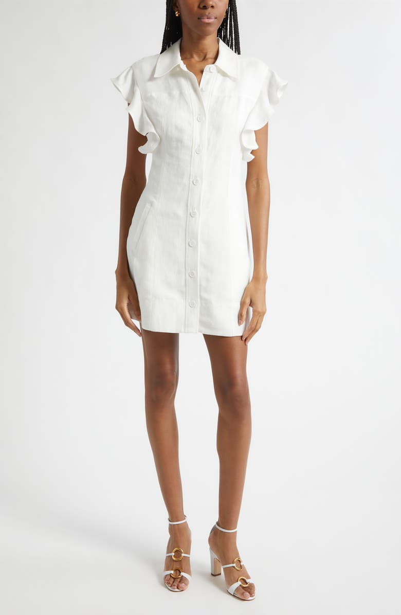 Ramy Brook Nikki Ruffle Sleeve Linen Blend Shirtdress, Main, color, White Linen