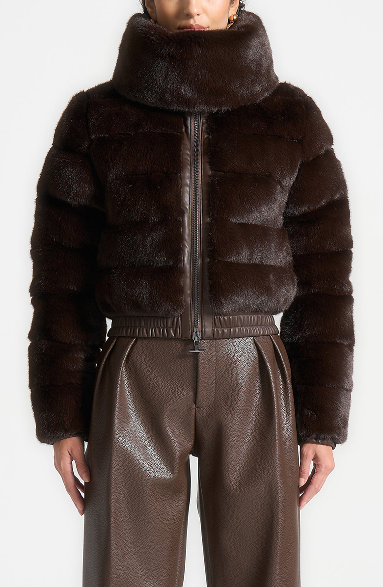 Manière De Voir Ama Plush Ribbed Jacket with Neck Scarf, Alternate, color, Brown