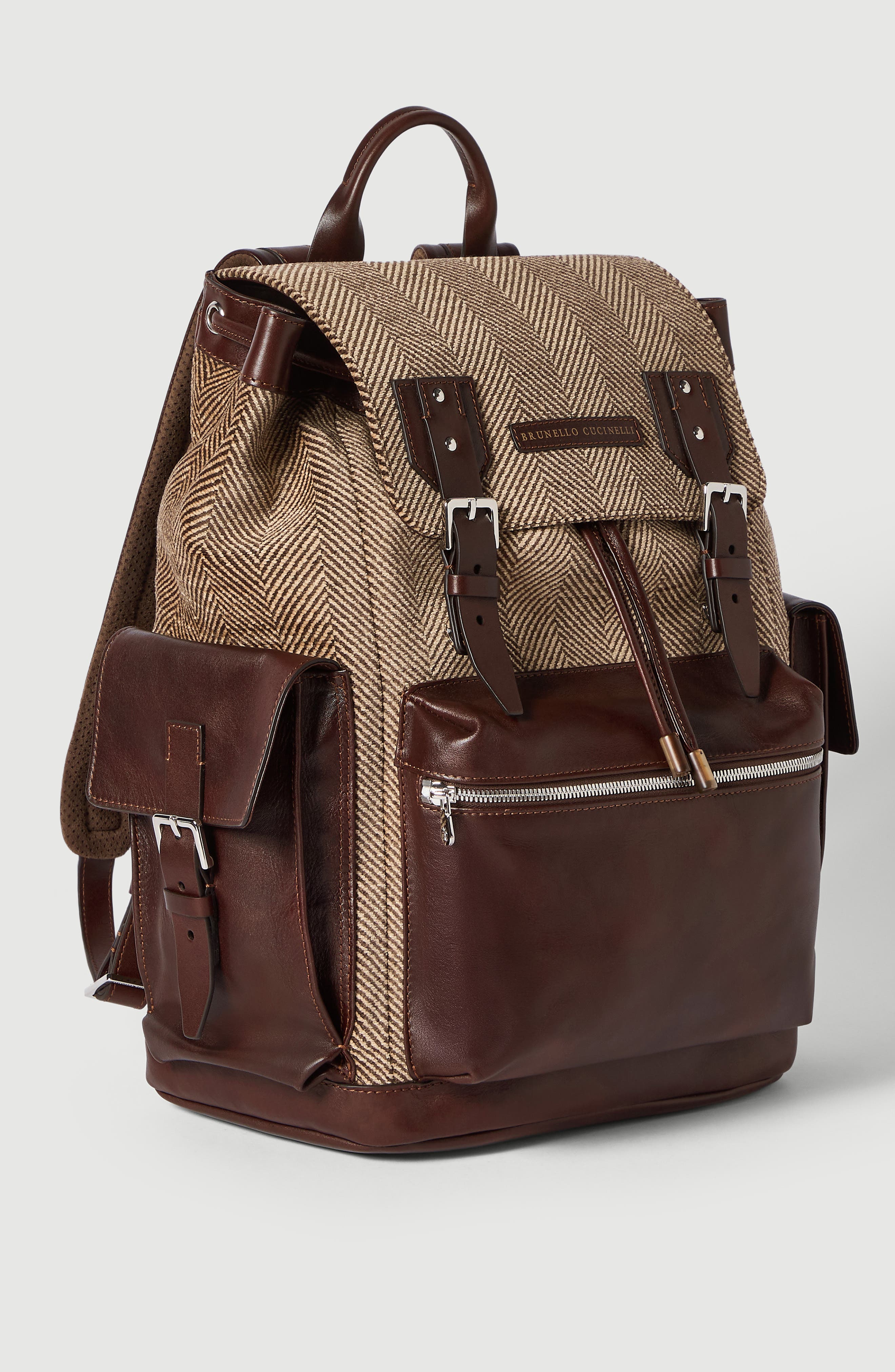 Burnished calfskin and chevron-effect techno fabric city backpack, Alternate, color, Brown