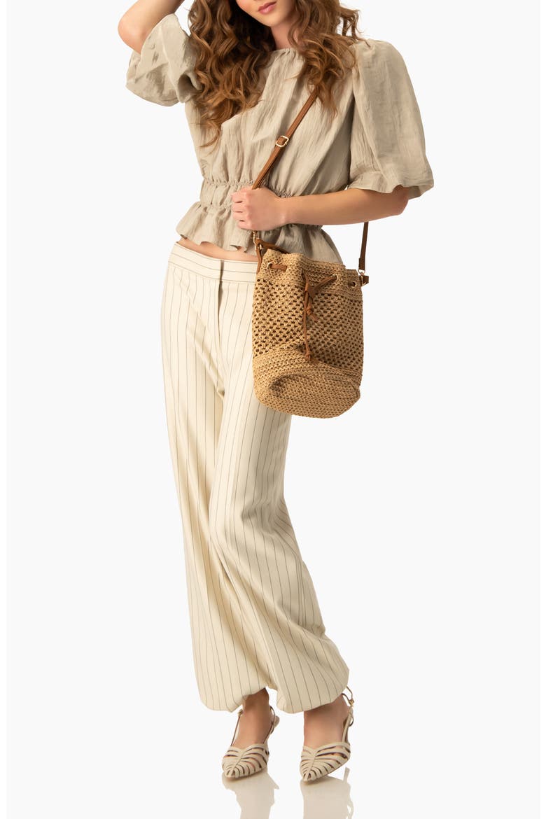 Pinstripe Wide-Leg, High-Waist Tailored Pants, Alternate, color, Beige