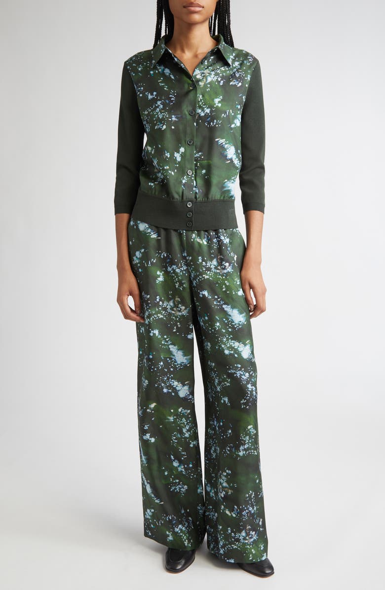 Lafayette 148 New York Riverside Splattered Glaze Print Silk Twill Wide Leg Pants, Alternate, color, Moss Multi