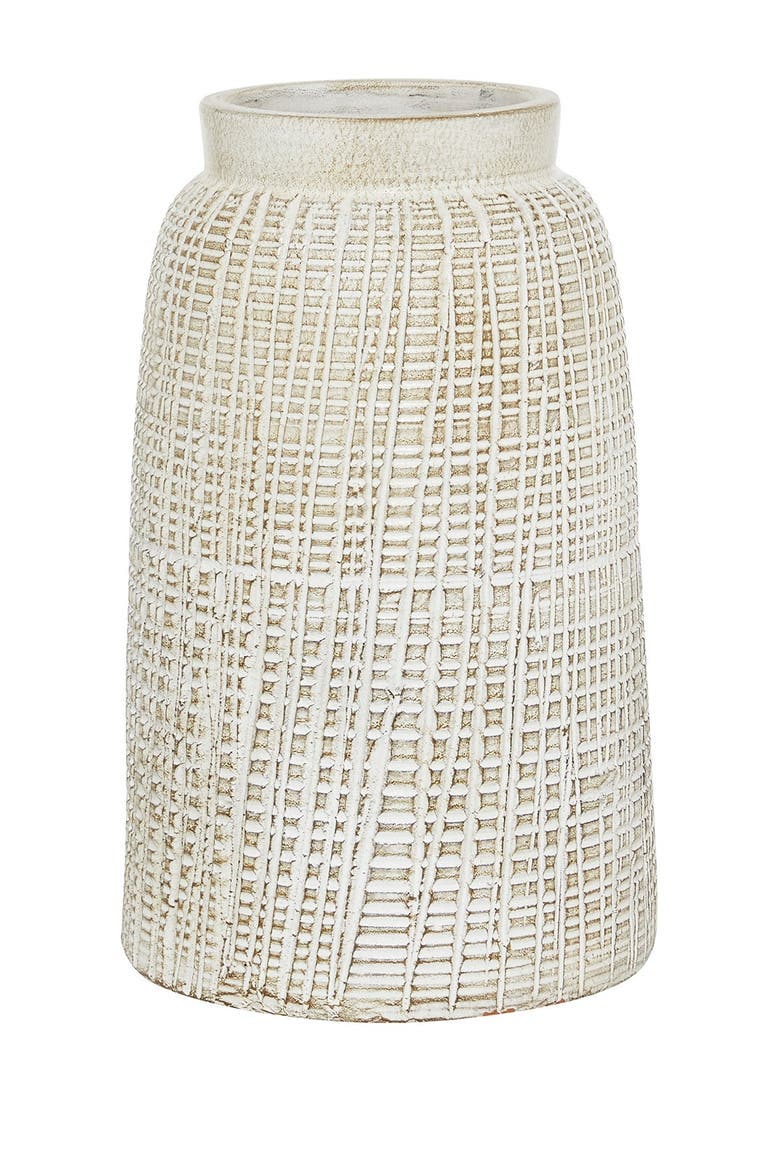 White Ceramic Carved Vase with Crosshatch Design, Alternate, color, WHITE