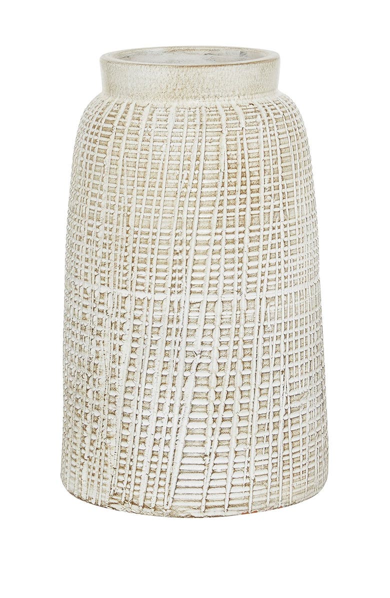GINGER BIRCH STUDIO White Ceramic Carved Vase with Crosshatch Design, Alternate, color, White