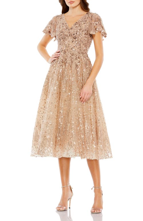 Mac Duggal Embellished Butterfly Fit And Flare Tea-length Dress In Taupe
