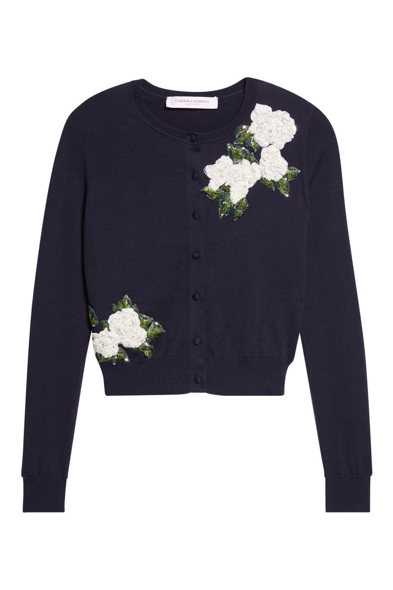 Rose Embroidered Appliqué Silk & Cotton Crop Cardigan, Alternate, color, MIDNIGHT