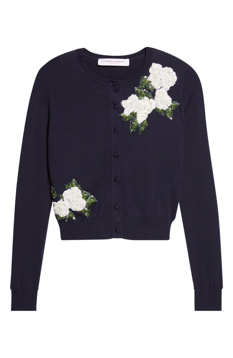 Carolina Herrera Rose Embroidered Appliqué Silk & Cotton Crop Cardigan, Alternate, color, Midnight