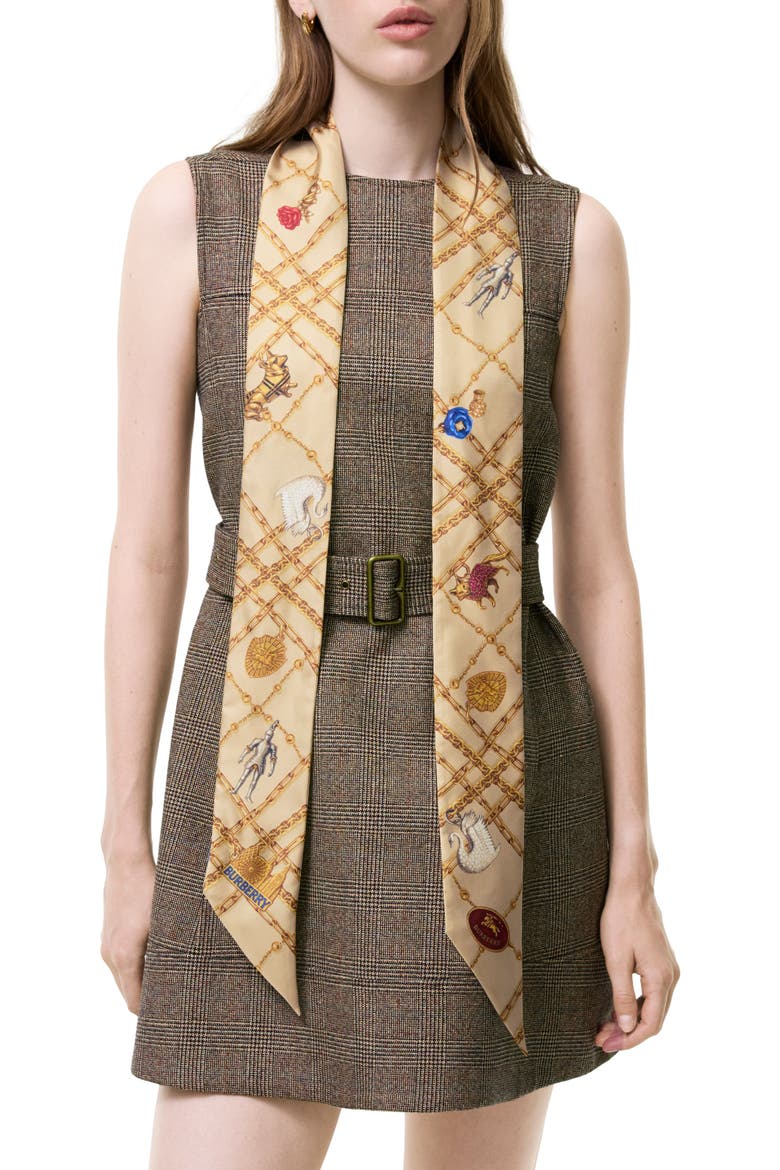 Check Charm Print Silk Skinny Scarf, Main, color, FINCH BROWN