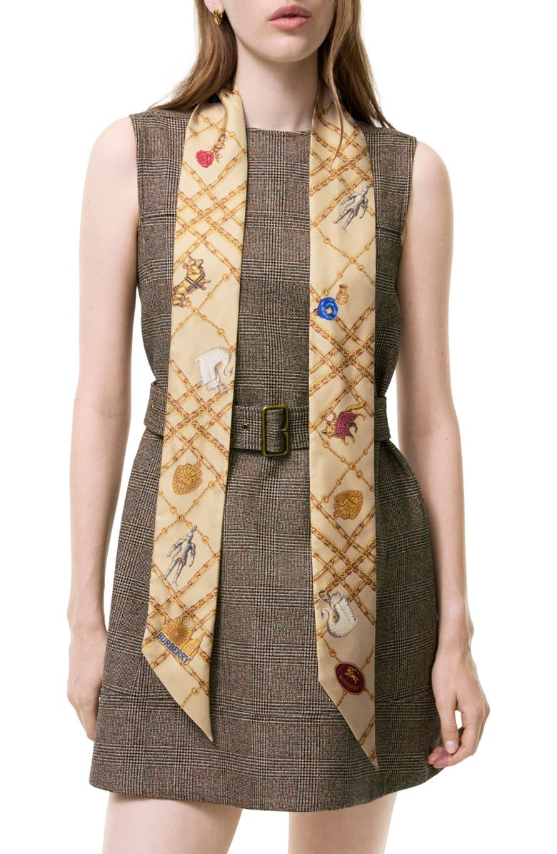 Burberry Check Charm Print Silk Skinny Scarf, Main, color, Finch Brown