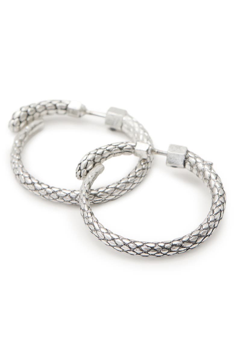 AllSaints Serpent Hoop Earrings, Alternate, color, Warm Silver