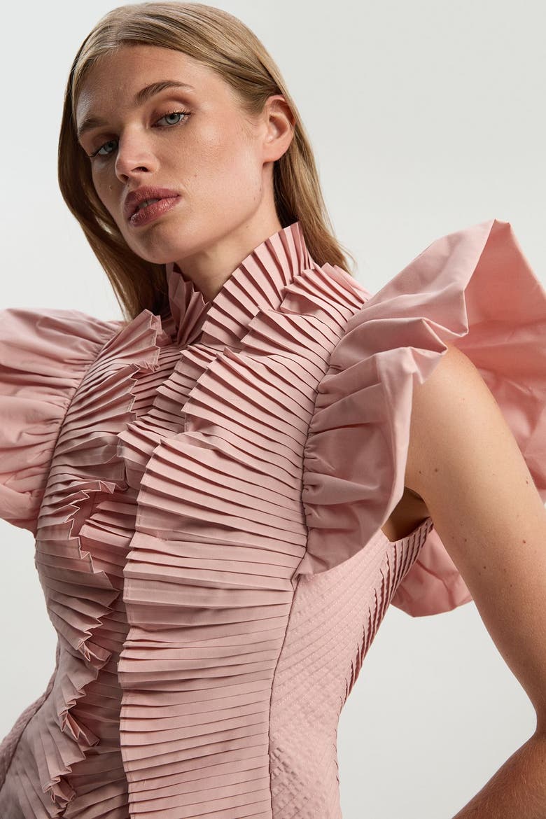 Pleated Ruffle Sleeve Woven Midi Dress, Alternate, color, Blush