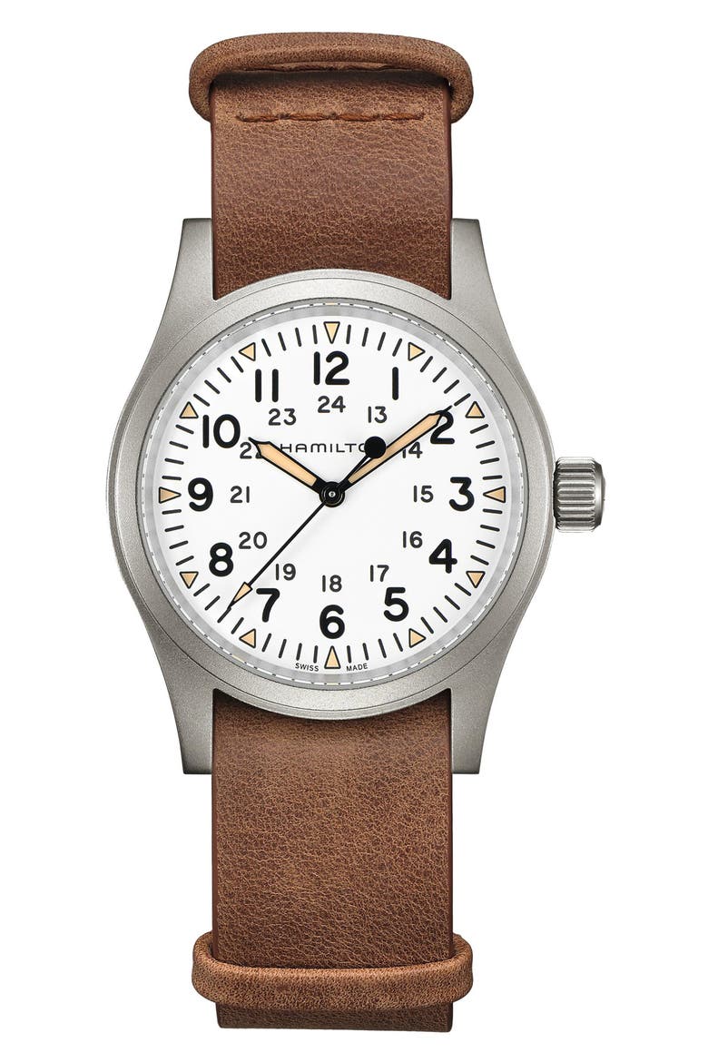 Khaki Field Leather Strap Watch, 38mm, Main, color, BROWN/ WHITE/ SILVER