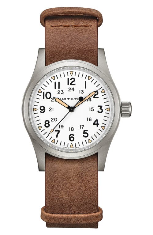 Hamilton Khaki Field Leather Strap Watch, 38mm in Brown/White/Silver 
