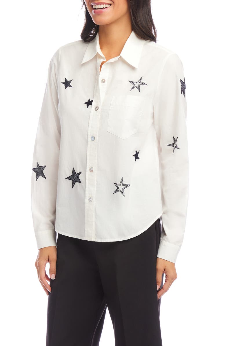Karen Kane Star Embroidered Cotton Button-Up Shirt, Alternate, color, Off White W/ Nav