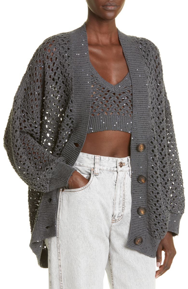 Brunello Cucinelli Sequin Oversize Open Stitch Cardigan, Alternate, color,