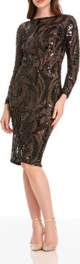 Dress the Population Emmalyn Sequin Detail Long Sleeve Cocktail Midi Dress