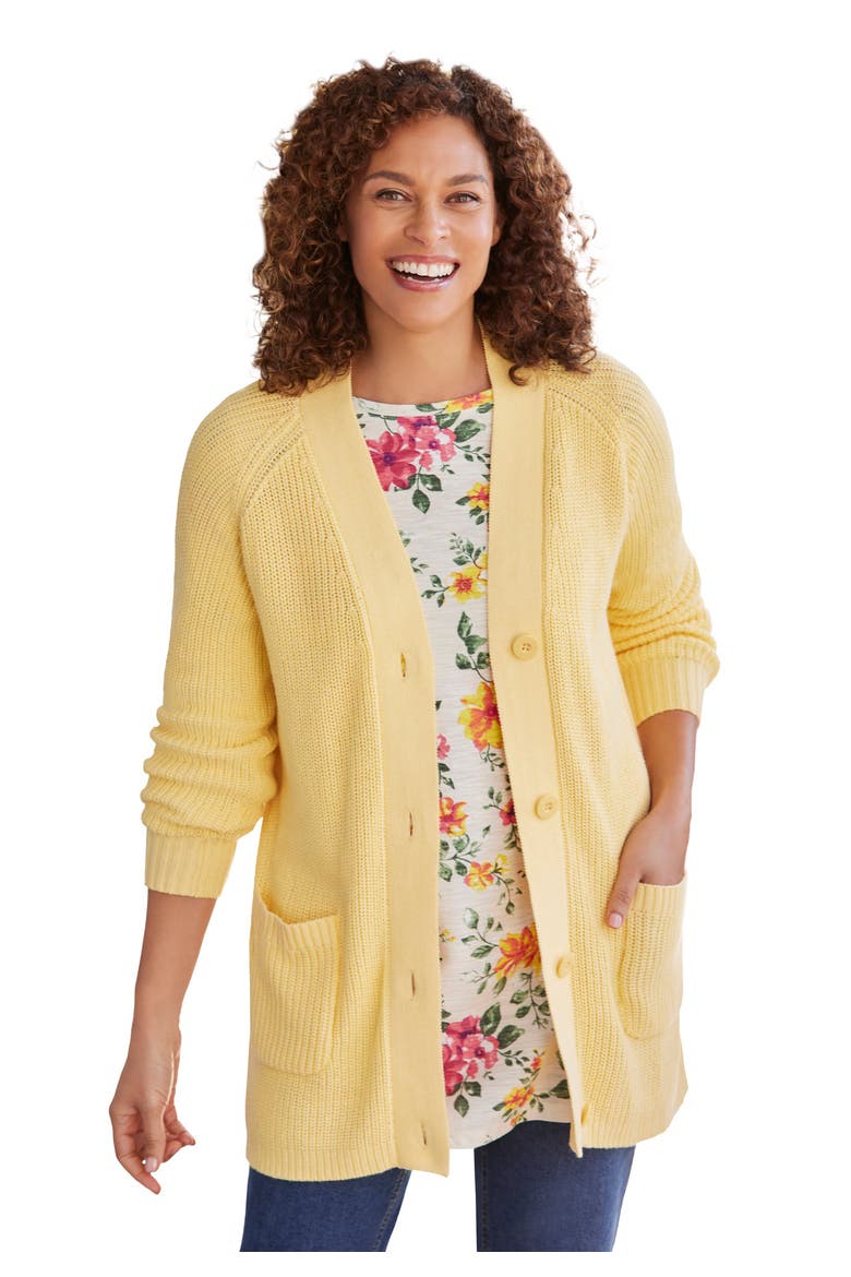 Shaker Button Front Cardigan Sweater (plus), Main, color, BANANA