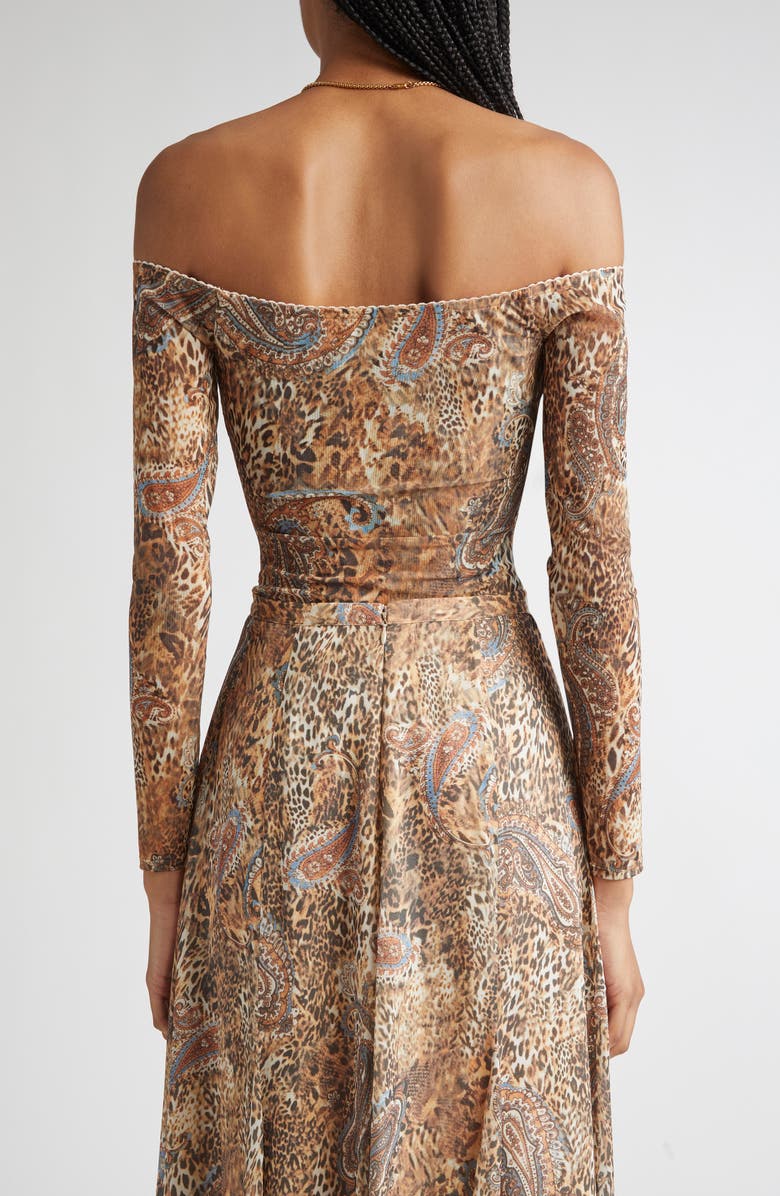 L'AGENCE Peonie Off the Shoulder Bodysuit, Alternate, color, Brown/ Blue Valencia Leopard