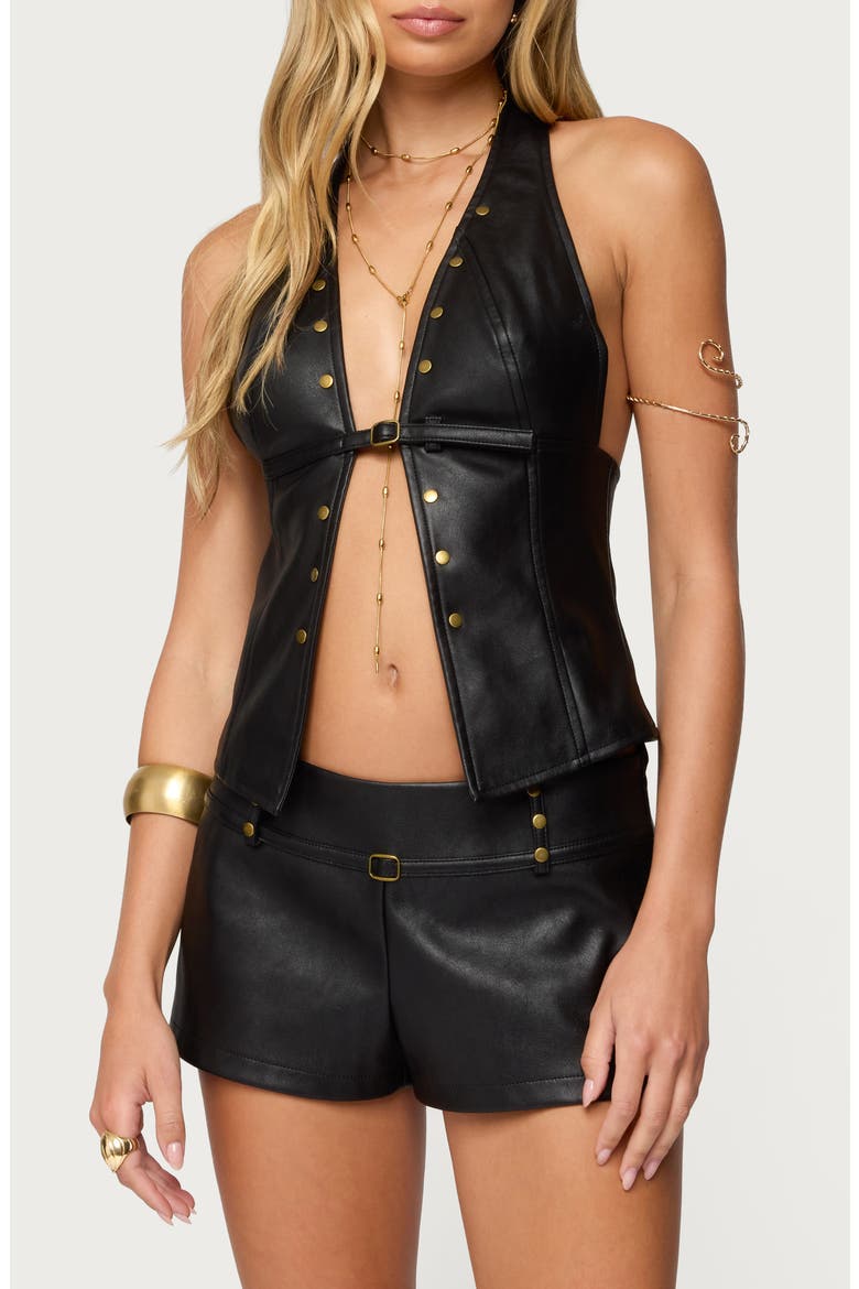 Reese Studded Split Front Faux Leather Halter Top, Main, color, BLACK