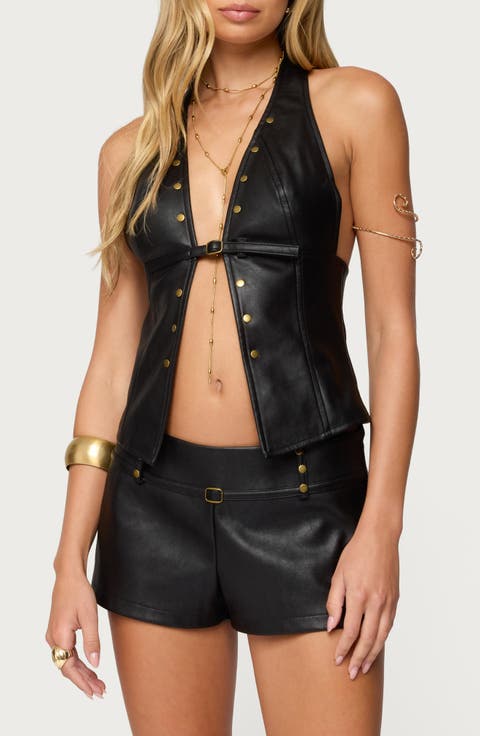 Reese Studded Split Front Faux Leather Halter Top