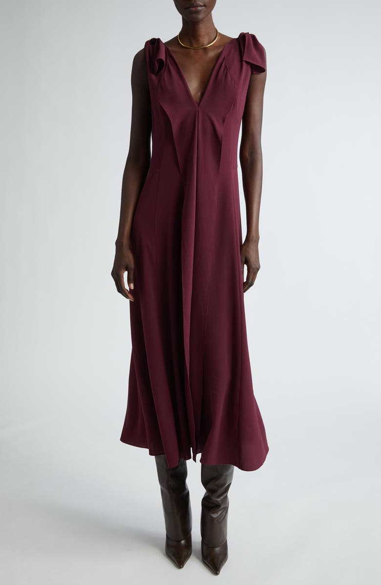 ST. JOHN Ruffle Sleeveless Stretch Crepe A-Line Dress, Main, color, Garnet