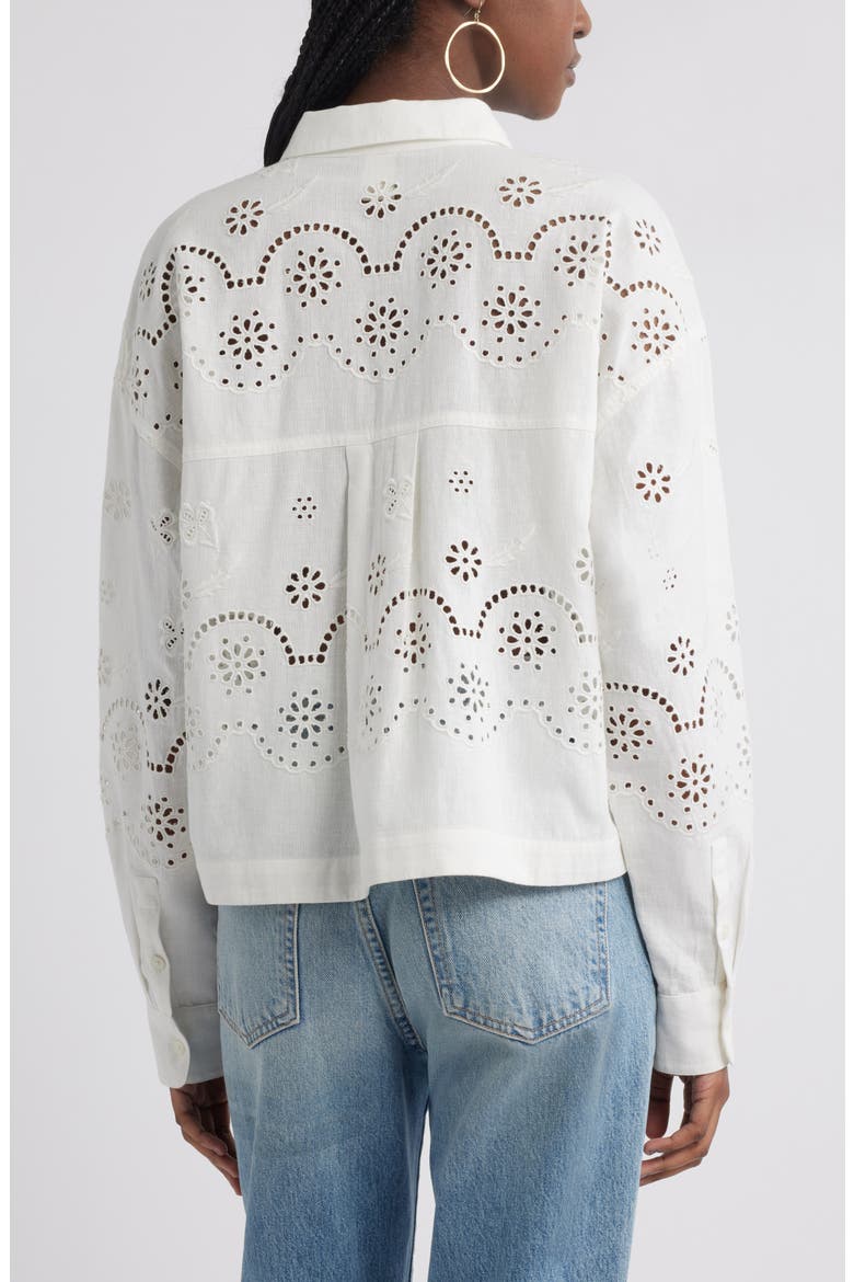 Eyelet Cotton & Linen Button-Up Shirt, Alternate, color, IVORY EGRET