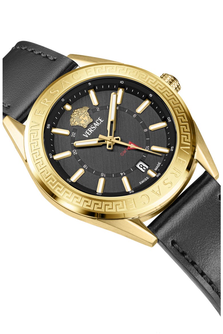 V-Code GMT Leather Strap Watch, 42mm, Alternate, color, BLACK/ GOLD